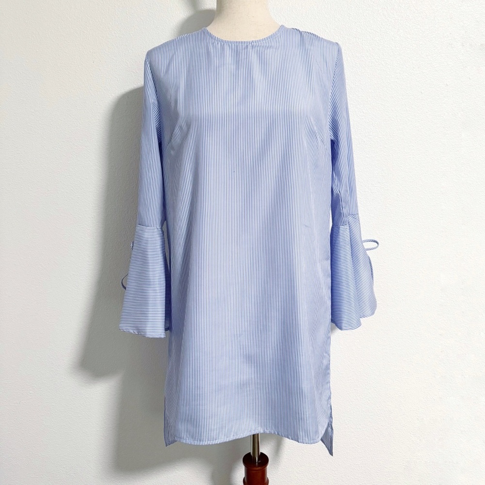 Lucca Striped Tie Bell Sleeve Stepped Hem Shift Dress